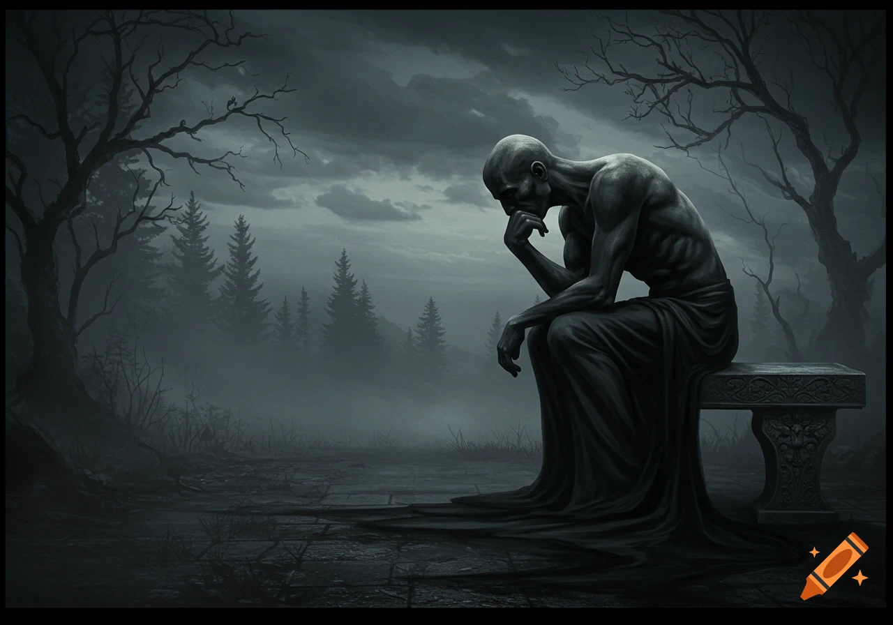 A dark painting of a gaunt, bald figure sitting pensively on a stone bench in a misty, gloomy forest.