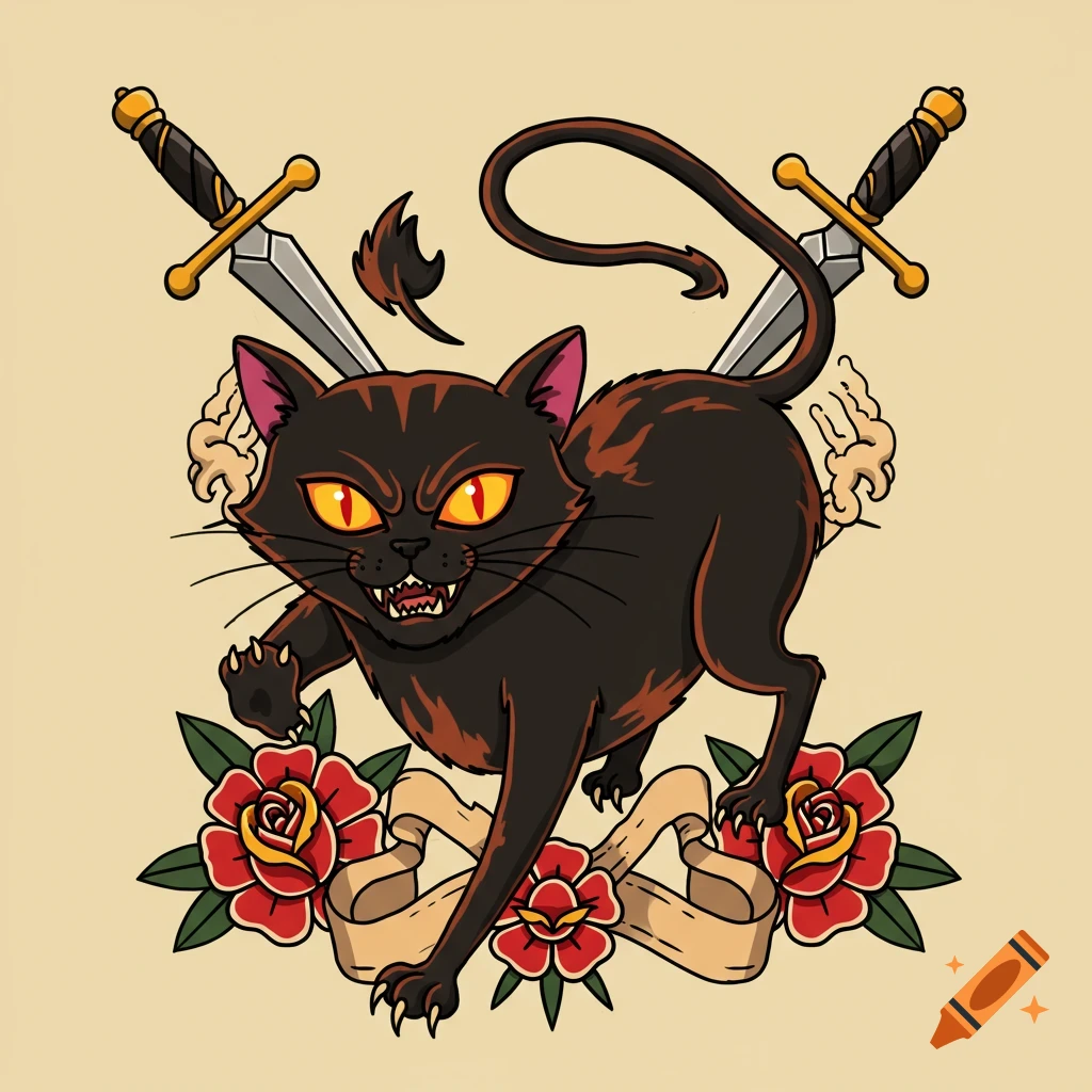 An American traditional tattoo style illustration of an angry black cat with glowing yellow eyes, sharp claws, swords, and red roses.