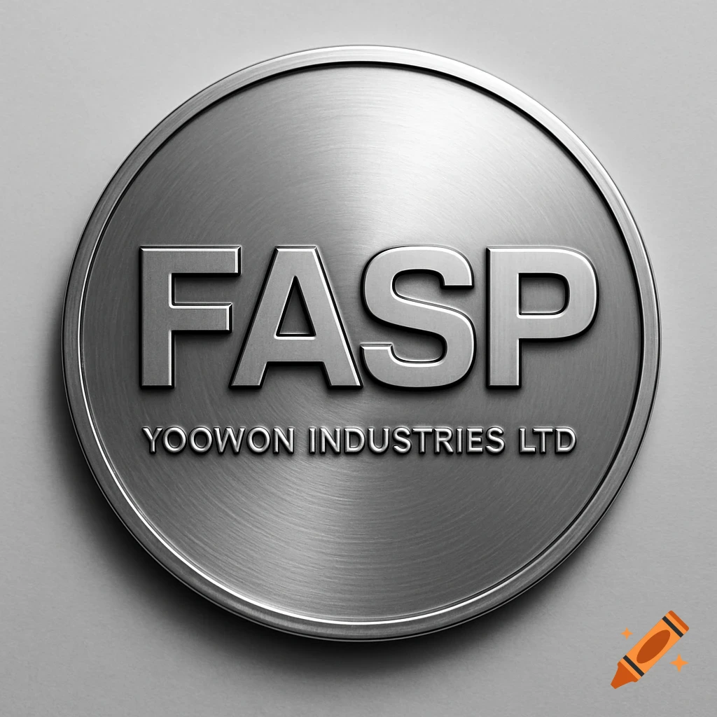 A metallic, brushed-silver circular badge with the embossed text "FASP" at the top and "YOOWON INDUSTRIES LTD" below it.