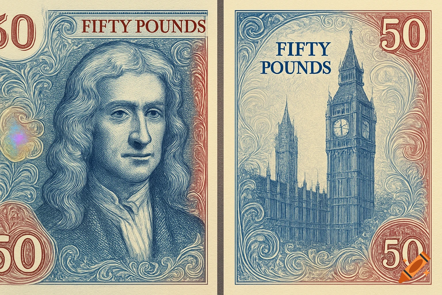 Two sides of an engraved British fifty-pound banknote featuring Isaac Newton and Big Ben.