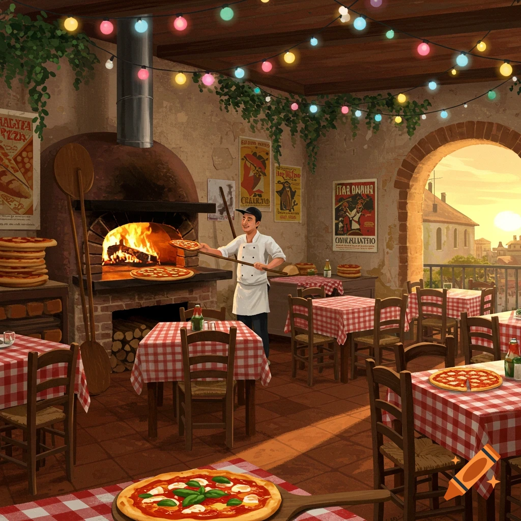 A smiling chef puts pizza into a wood-fired oven in a vibrant, illustrative Italian restaurant with checkered tables and string lights.