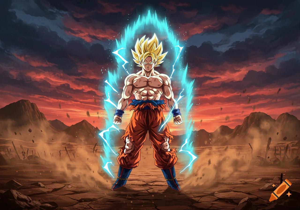 Super Saiyan Goku with a blue aura stands in a desolate landscape under a red stormy sky in an anime style.