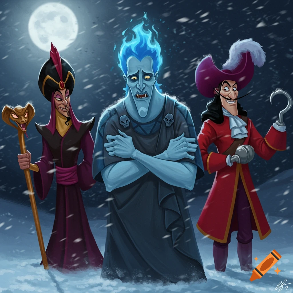 Jafar, Hades, and Captain Hook stand in snow under a full moon in a cartoon style. Hades shivers while Jafar holds his snake staff and Hook his hook.