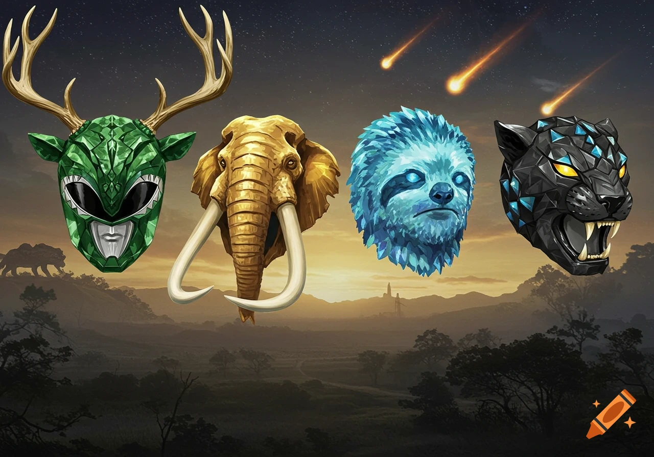 Four Power Ranger-style gemstone helmets: a green elk, golden mastodon, blue sloth, and black smilodon, under a starry sky with shooting stars.
