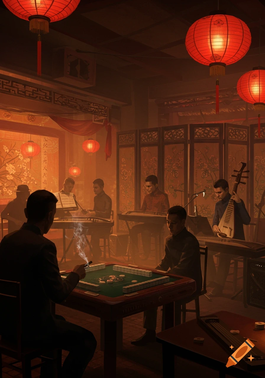 A dimly lit room with red lanterns and Chinese decor, where men play traditional instruments and mahjong, with one man smoking a cigar.