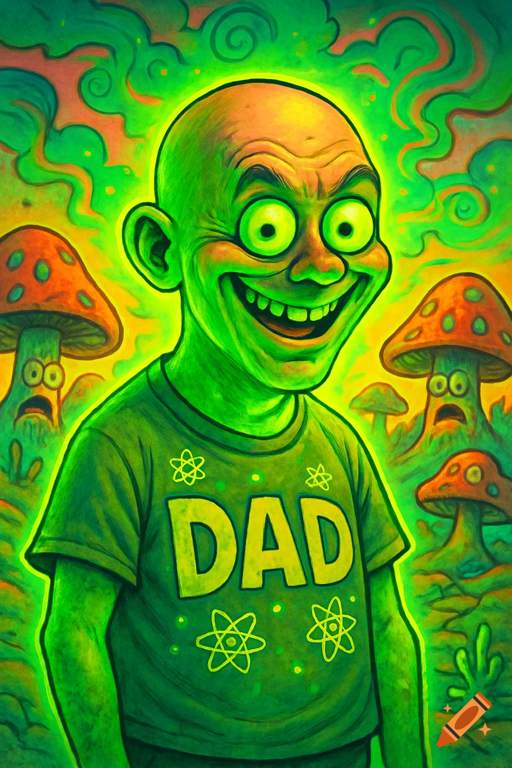 Vibrant cartoon of a green-skinned, bald man with glowing eyes and a big grin, wearing a 'DAD' shirt, surrounded by scared mushrooms and psychedelic green smoke.