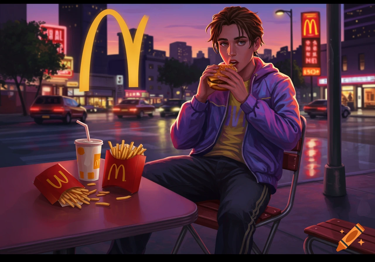 An illustration of a young man eating a burger and fries at an outdoor table in a city at dusk, with McDonald's logos visible.
