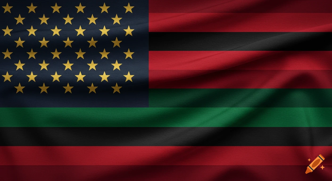 A stylized American flag with golden stars on a dark blue canton, and alternating red, green, and black stripes. The flag has a fabric texture and gentle waves.