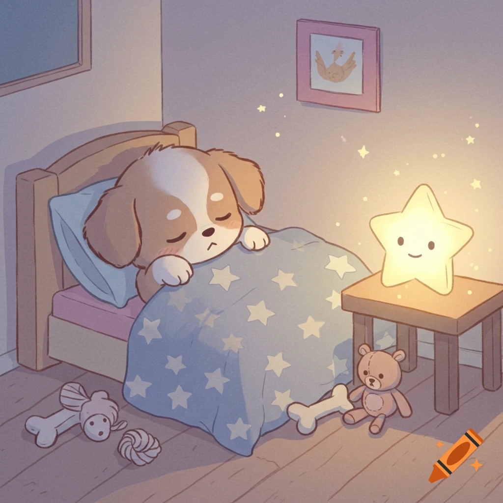 A cute cartoon puppy sleeps soundly in a bed with a star-patterned blanket, illuminated by a star-shaped nightlight.