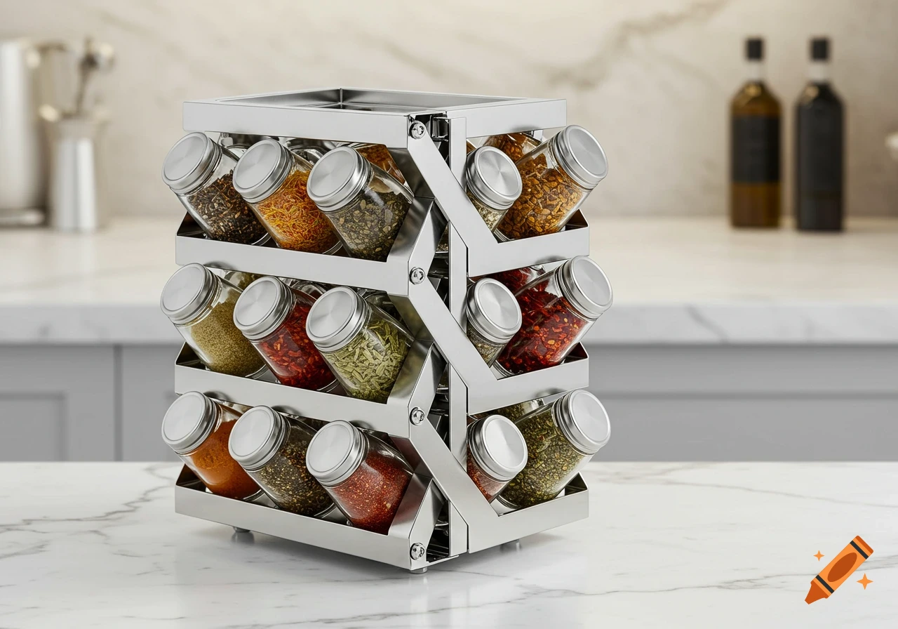 A modern stainless steel collapsible spice rack filled with various colorful spices sits on a white marble kitchen counter.