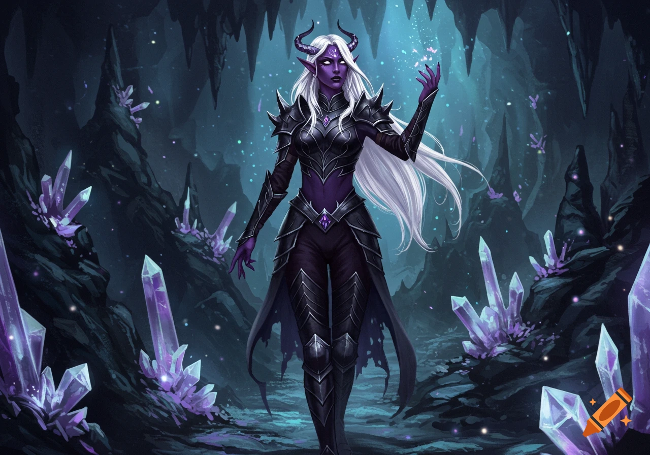 Purple-skinned drow female in dark armor with white hair and horns stands in a crystal cave, digital art style.