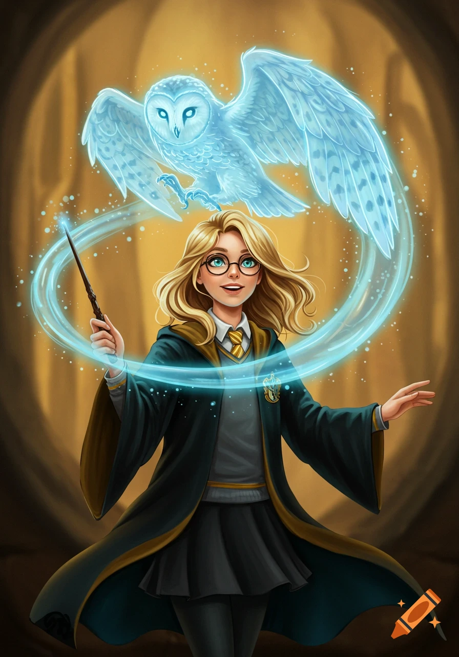 Blonde teenage witch in Hufflepuff robes casts a glowing blue owl patronus with her wand, in a vibrant illustration.