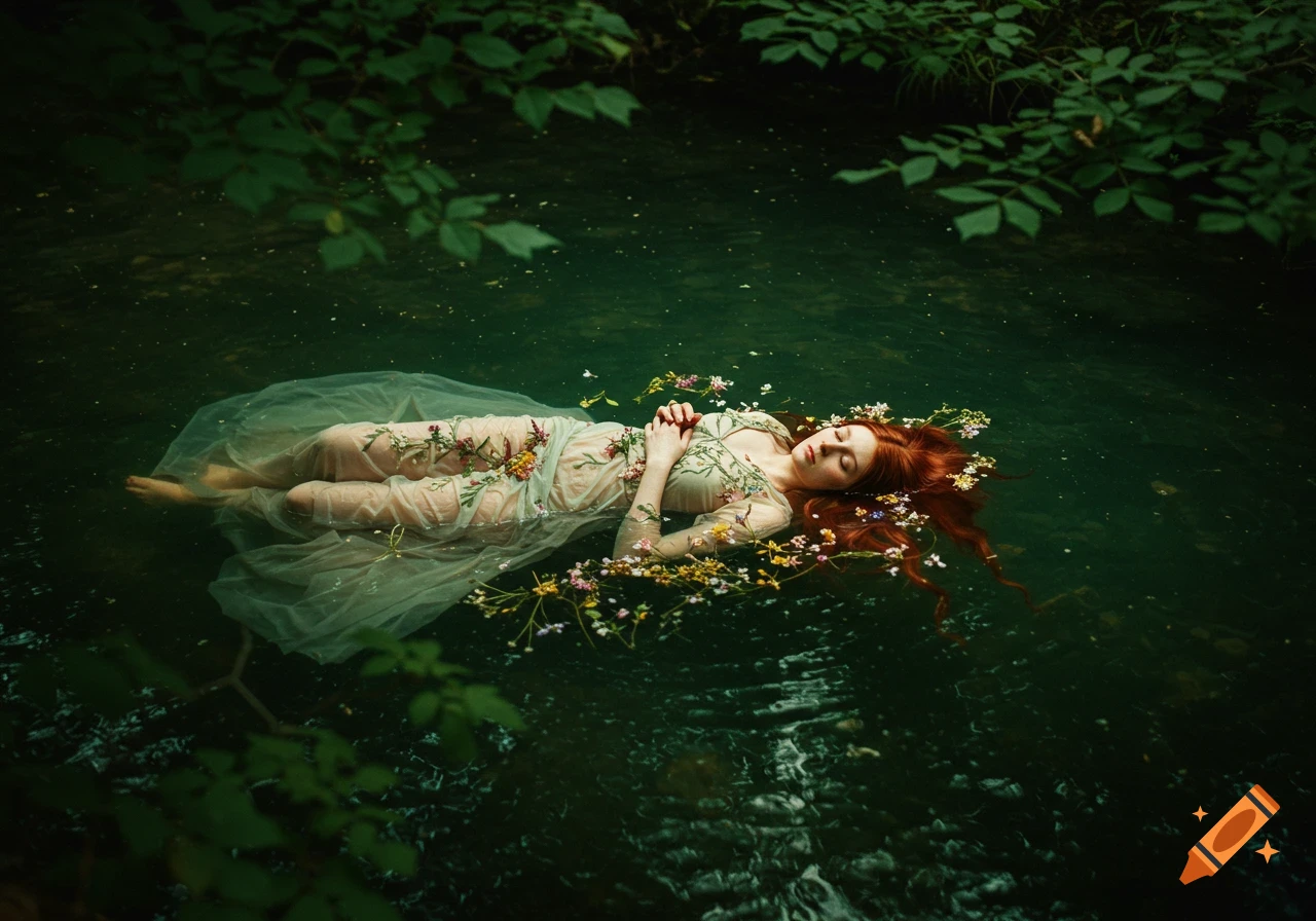 Red-haired woman in a flowing dress floats on her back in dark green water, surrounded by colorful flowers and green foliage.