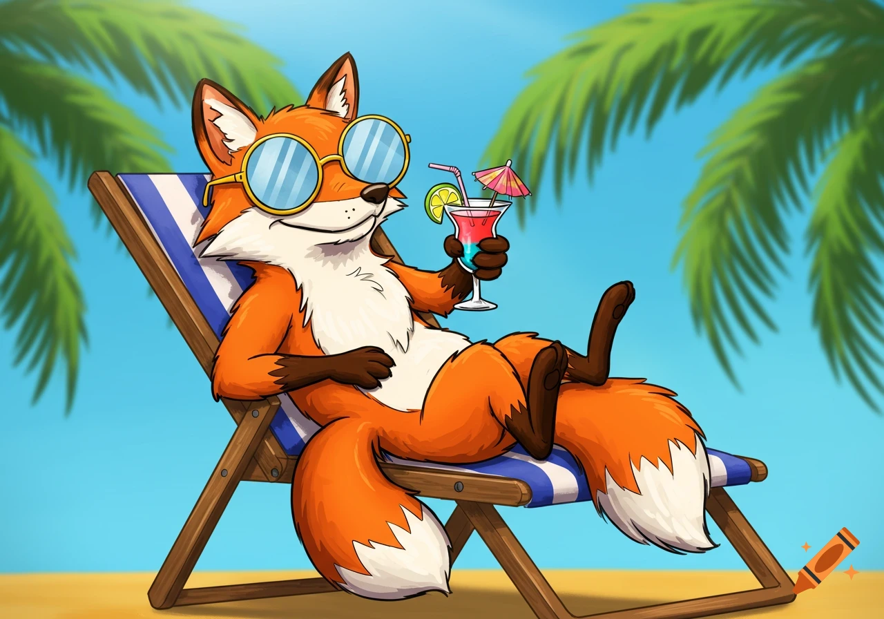 A cartoon fox in sunglasses relaxes on a striped beach chair, holding a colorful cocktail, under palm trees.