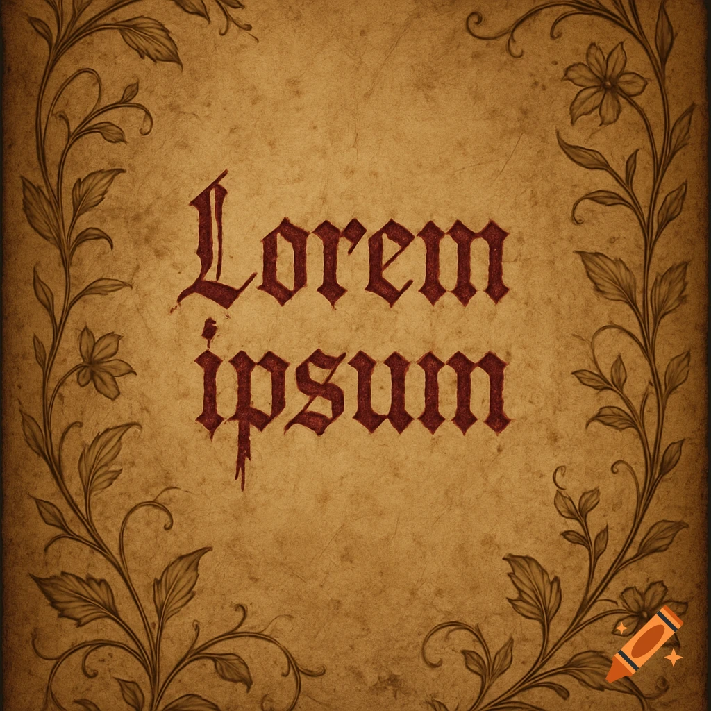 Vintage parchment with 'Lorem ipsum' in decorative red script, framed by ornate botanical designs.