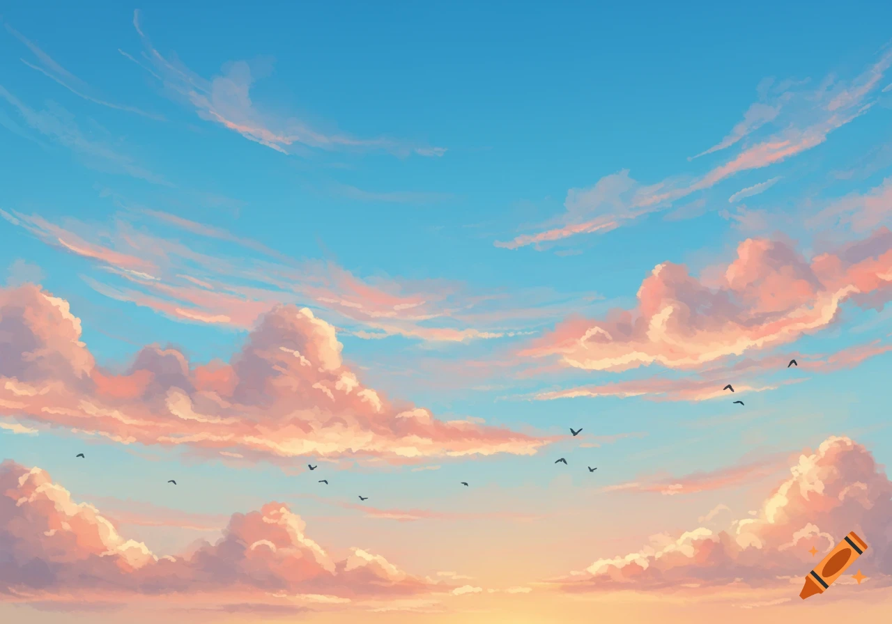 A vibrant blue sky filled with fluffy pink and orange clouds, with several small black birds silhouetted against the light in a stylized art style.