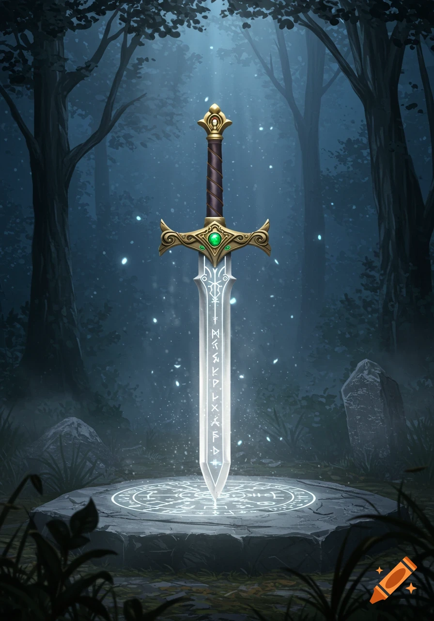 A glowing runic sword stands upright on a circular stone altar in a dark, misty forest illuminated by moonlight and shimmering particles.