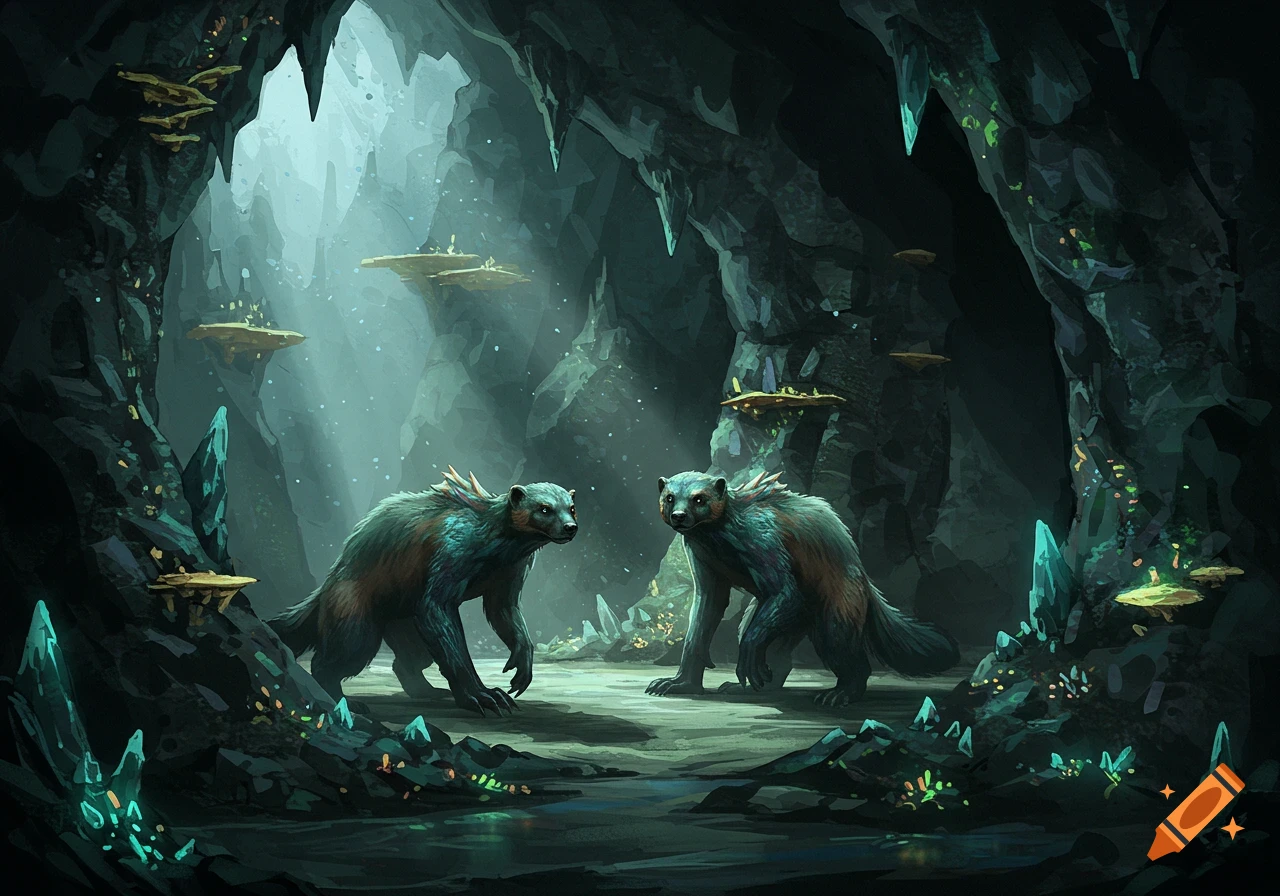 Two scaly, wolverine-like creatures stand in a mystical, dark grotto lit by light filtering from above and glowing crystals.