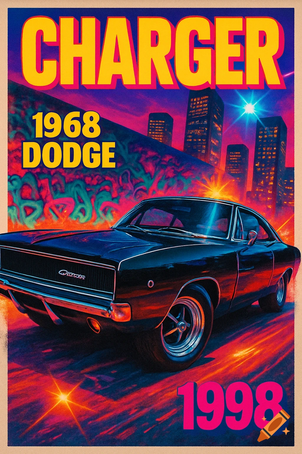 A vibrant 90s retro poster features a black 1968 Dodge Charger against a neon-lit city skyline. Text reads 'CHARGER', '1968 DODGE', and '1998'.
