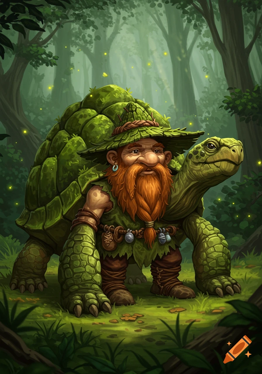 A fantasy dwarf with a long orange beard and a leaf hat, whose back is a turtle shell, stands in a magical forest with fireflies.
