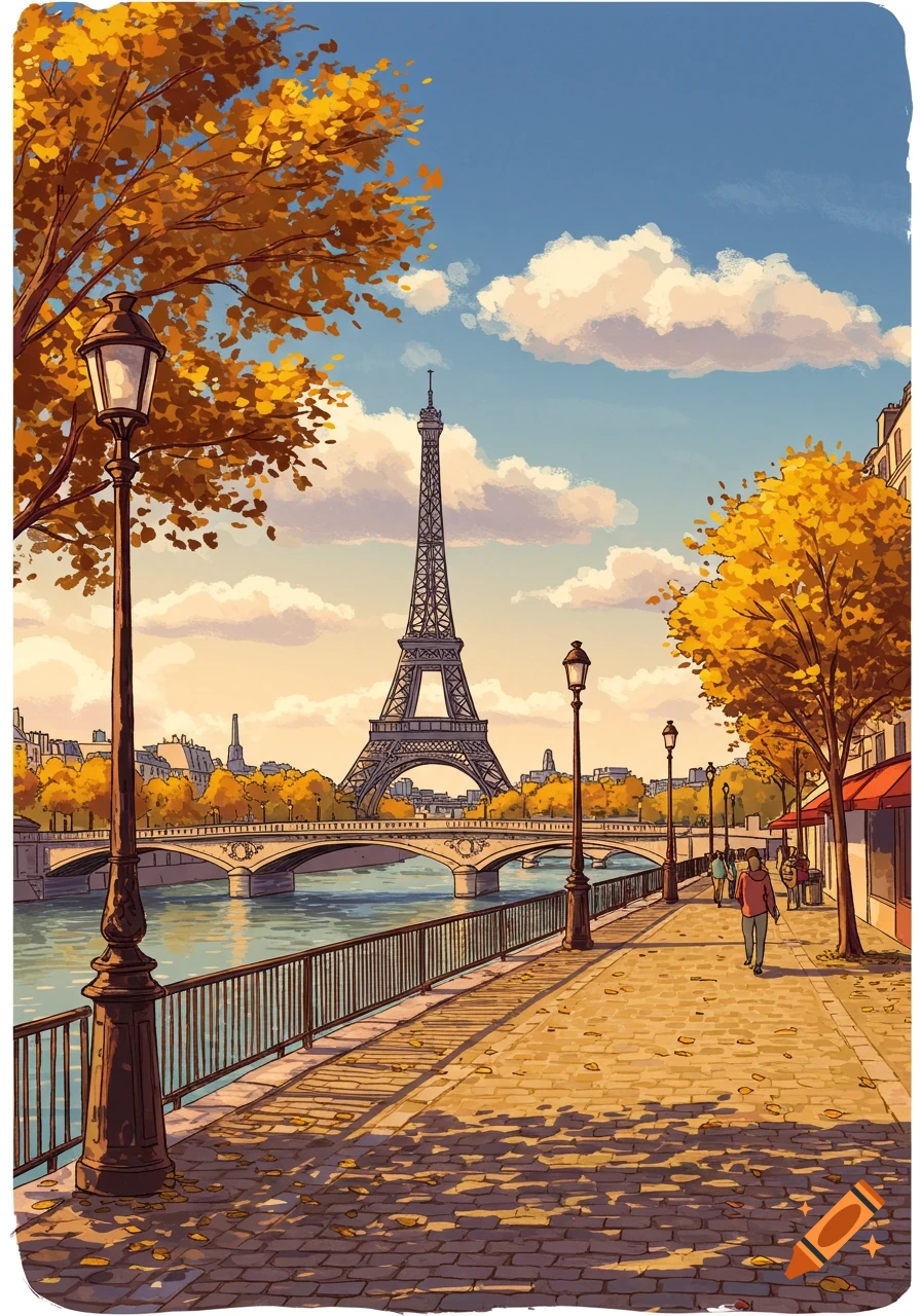 Stylized illustration of an autumn Parisian cityscape with the Eiffel Tower, a river, and people walking on a promenade.