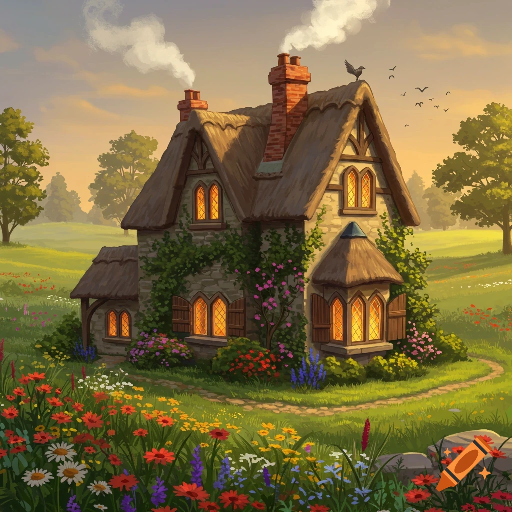 A charming thatched-roof cottage with glowing windows, surrounded by a vibrant field of wildflowers under a warm sky.