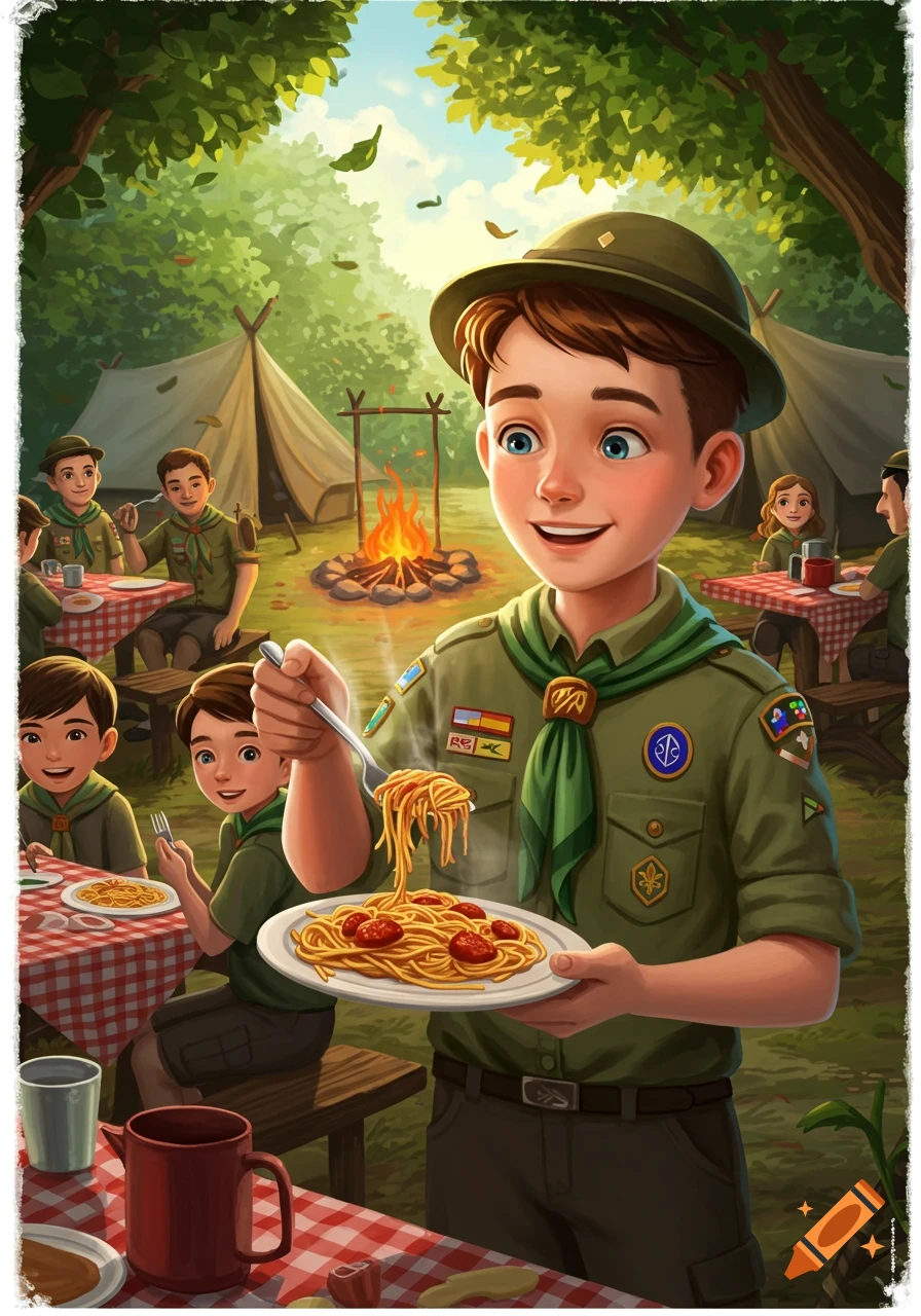An illustration of a smiling young scout serving spaghetti at a lively forest campsite with other scouts, tents, and a campfire.