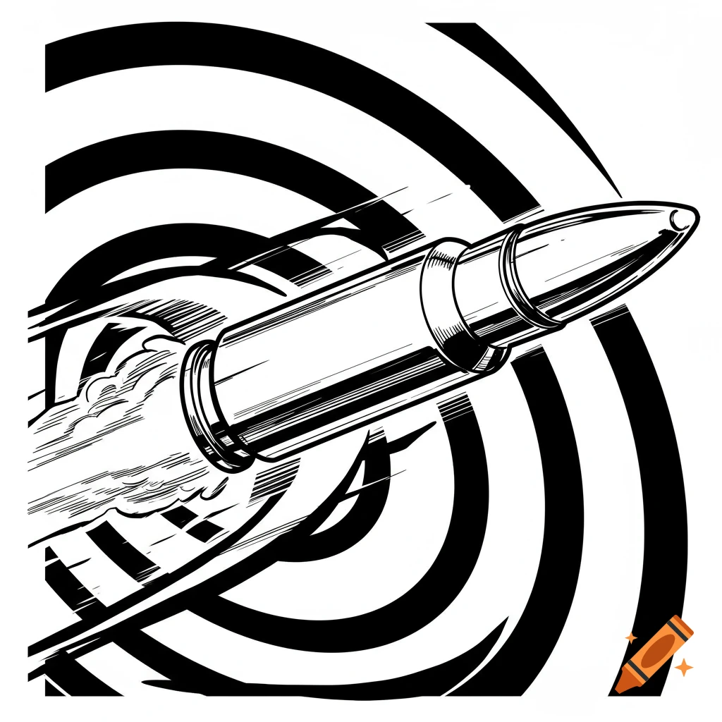 A black and white line drawing of a speeding bullet with concentric circles indicating motion.