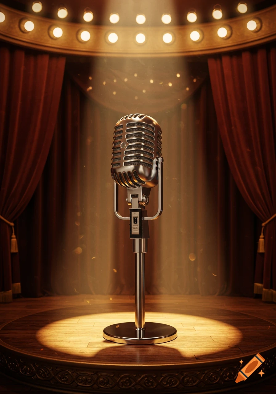 A vintage microphone stands center stage under a bright spotlight, with red velvet curtains and golden lights in the background. Photorealistic style.