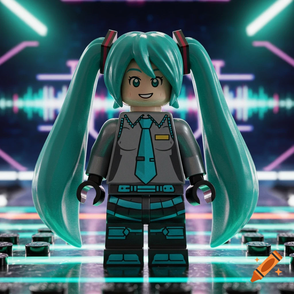 A LEGO minifigure of Hatsune Miku, featuring teal pigtails and a grey and teal uniform, stands against a neon-lit, futuristic background with glowing sound waves.