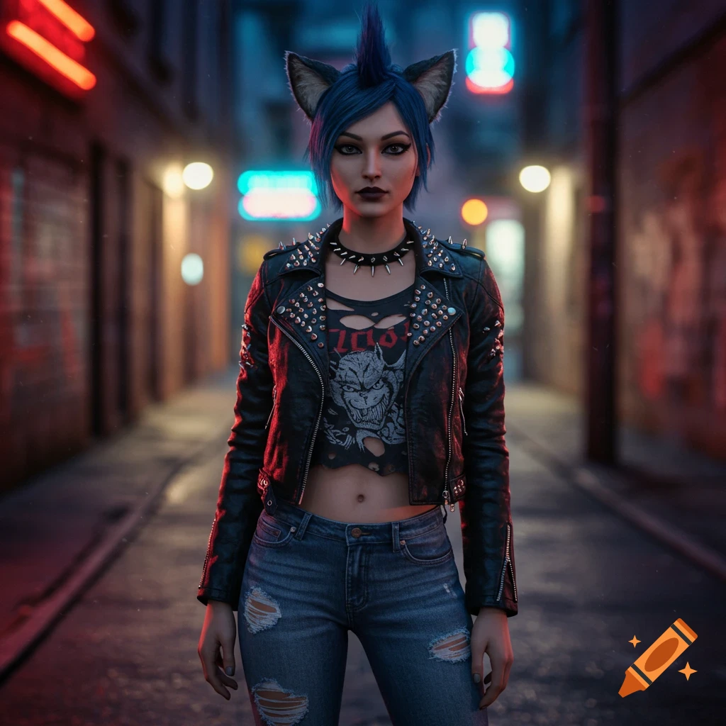 A woman with blue hair and cat ears, wearing a studded leather jacket, ripped crop top, and torn jeans, stands in a neon-lit urban alleyway.