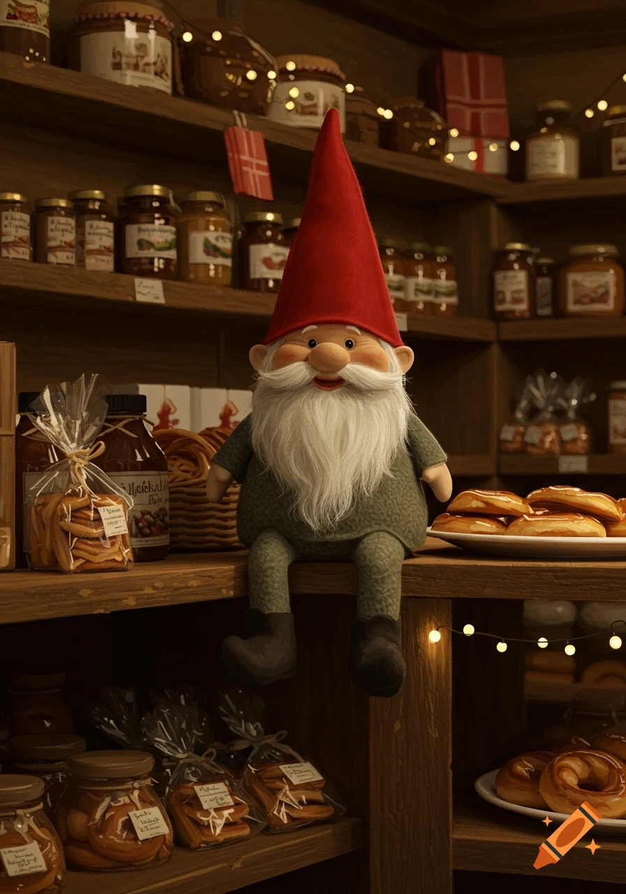 A friendly gnome with a red hat and white beard sits on a wooden shelf in a cozy shop filled with jars, packaged goods, baked items, and string lights.