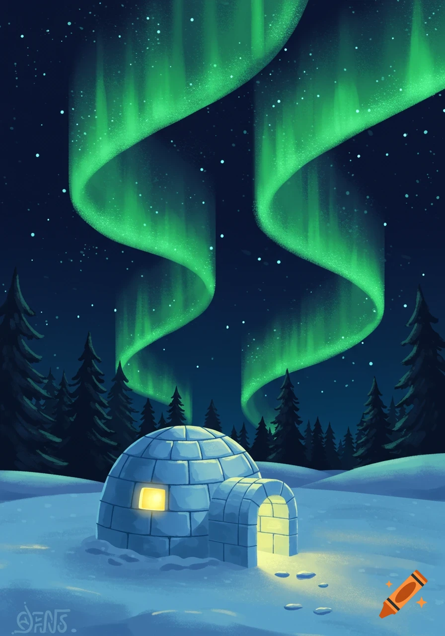 Cartoon igloo in a snowy forest under a vibrant green aurora borealis at night.