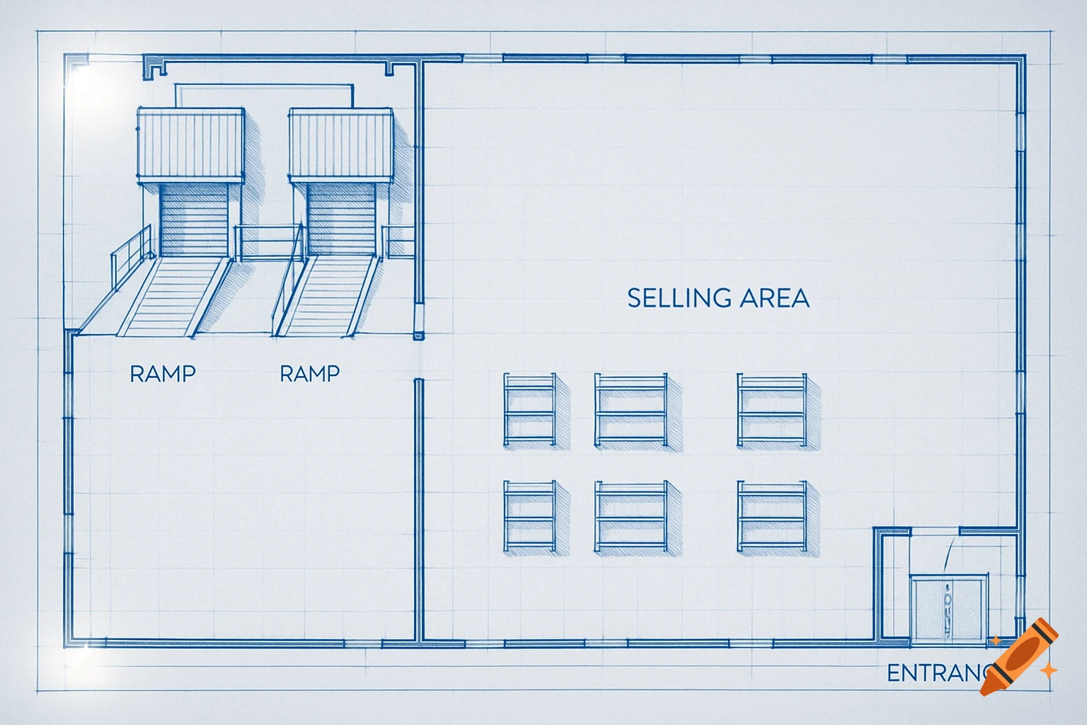 A blue blueprint-style floor plan of a rectangular warehouse, showing two ramps, a selling area with shelves, and an entrance.