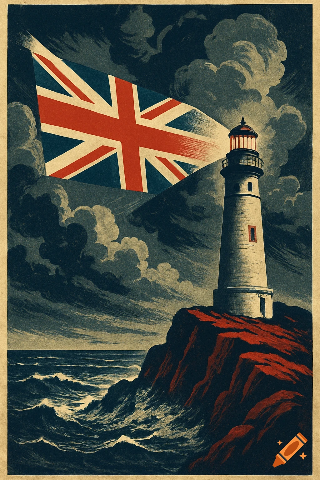 Vintage propaganda poster of a lighthouse on a cliff by a stormy sea, lit by a Union Jack flag beam through dark clouds.