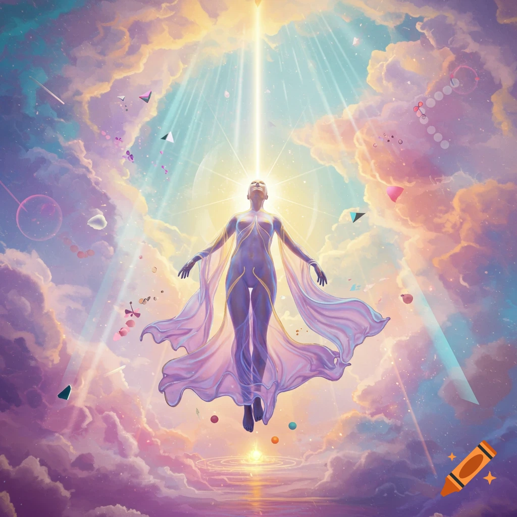 Ethereal figure floating upwards in a radiant sky of pink, purple, and ...