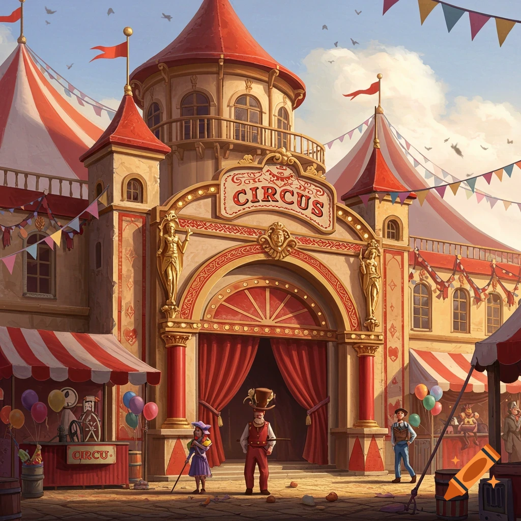 A vibrant illustration of a grand circus entrance with red-and-white striped tents, banners, and performers.