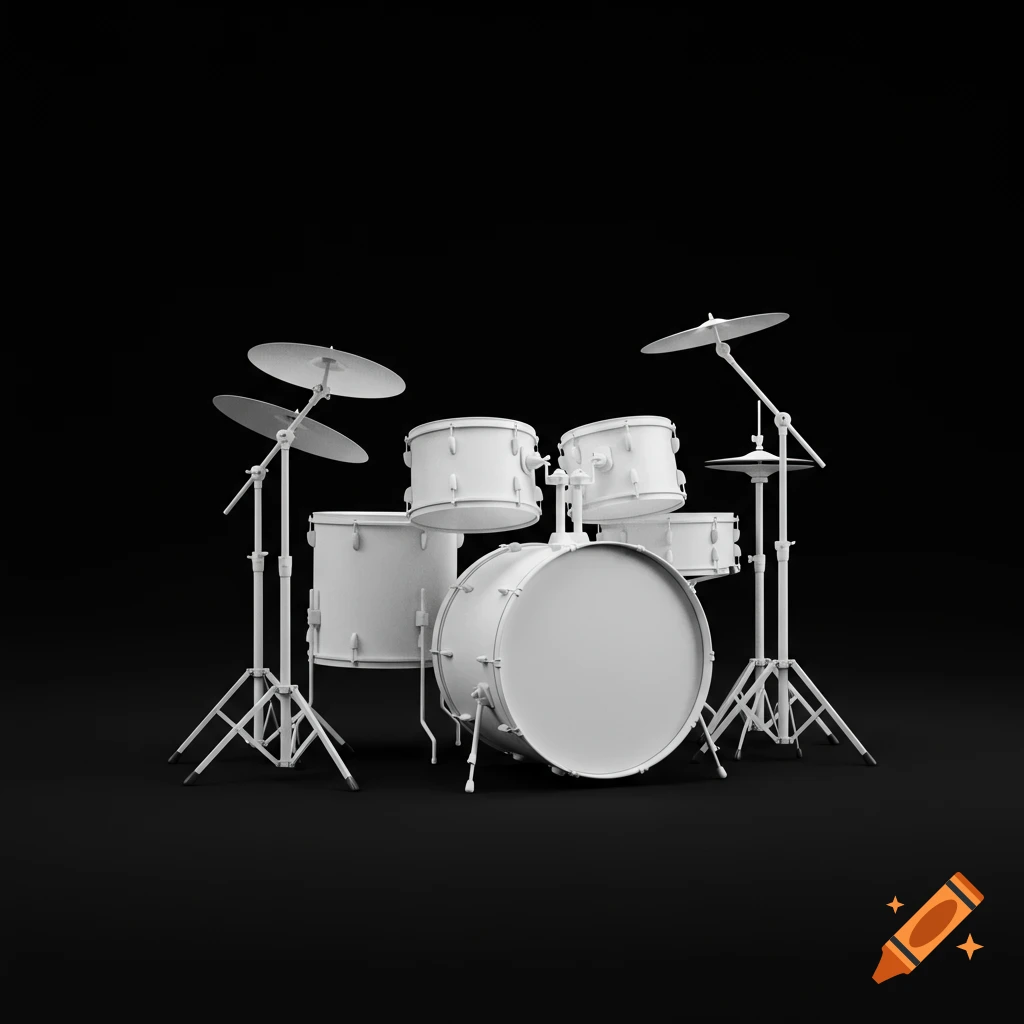 A white drum kit with cymbals on a black background, rendered in a clean, symbolic style.
