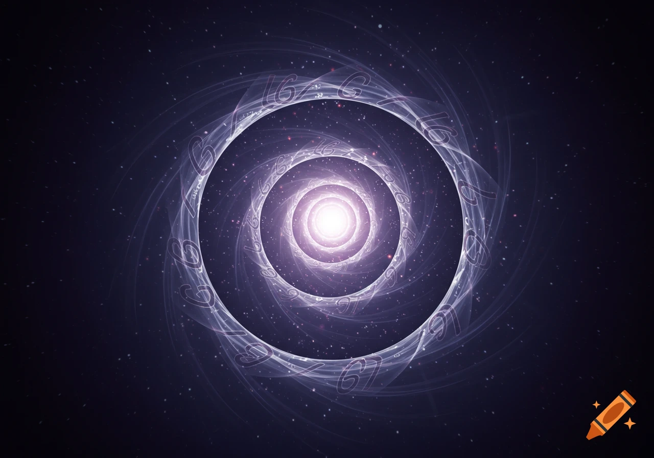 A dark cosmic background with a bright light in the center of spiraling, glowing abstract rings containing faint '6' and '7' characters.