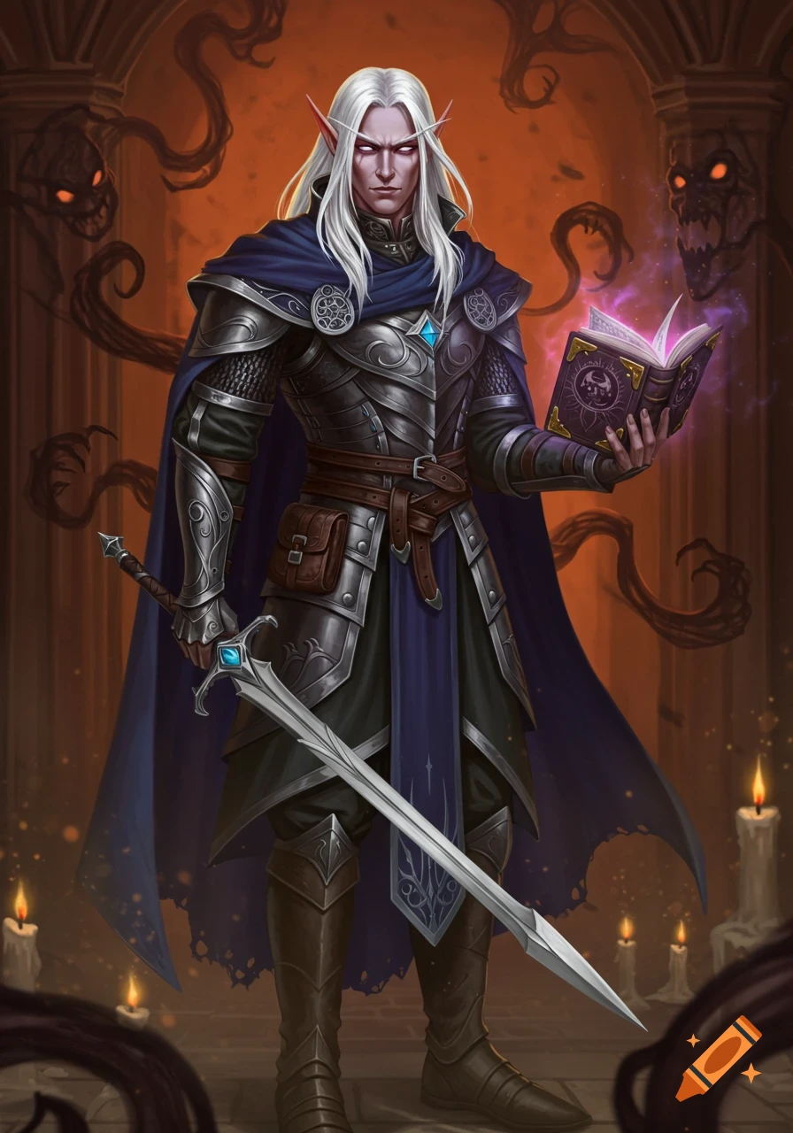 A white-haired male elf warlock in dark armor and a blue cloak holds a glowing book and a sword, with shadowy creatures in the background.