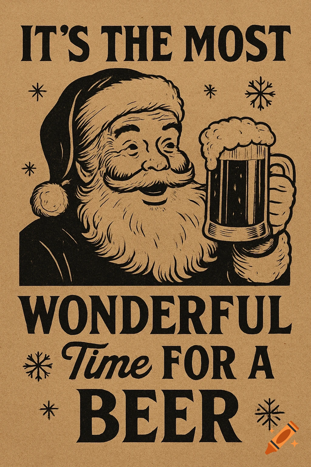 Vintage illustration of Santa Claus holding a beer mug with foam, text reads "IT'S THE MOST WONDERFUL TIME FOR A BEER" on kraft paper.
