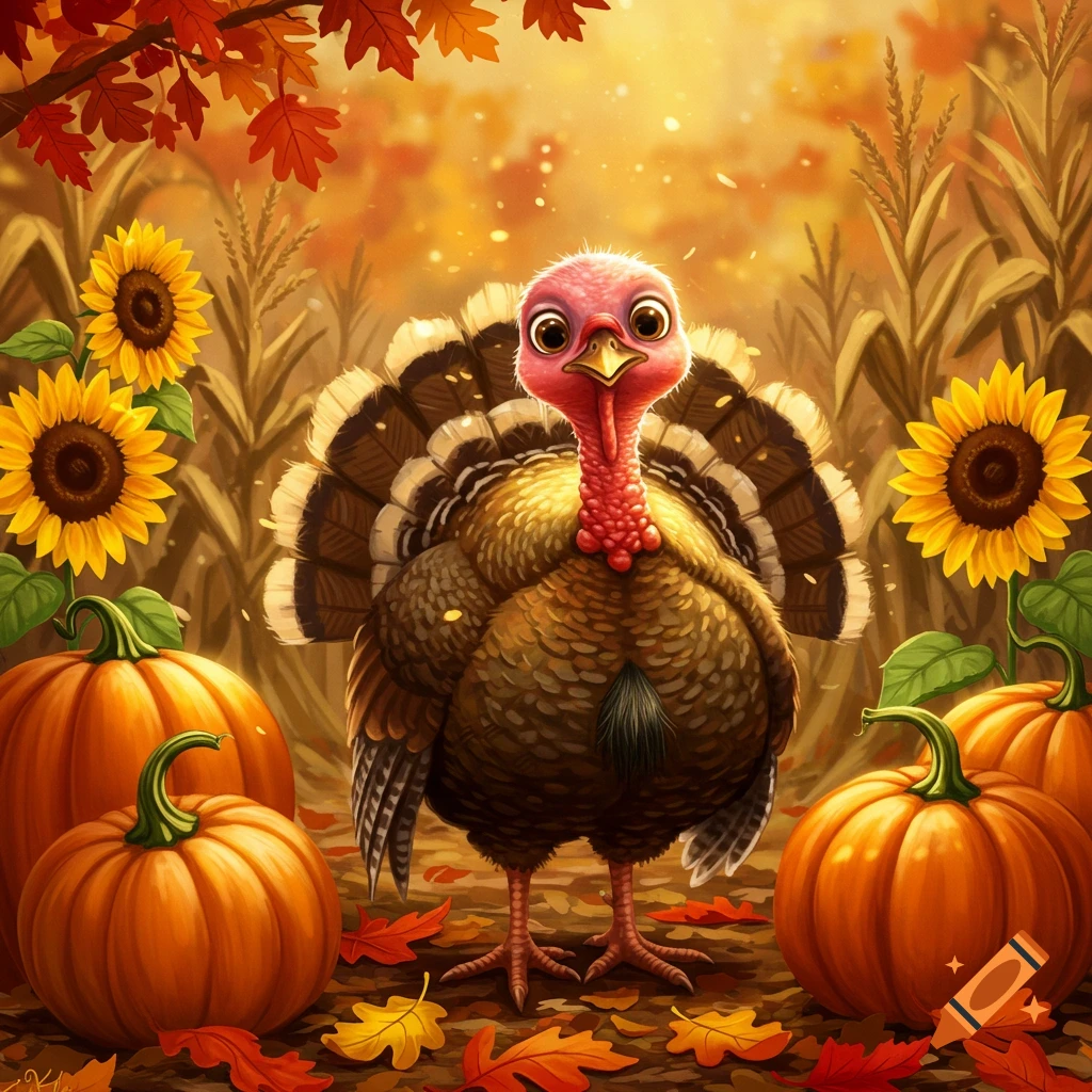 A cute cartoon turkey stands among pumpkins, sunflowers, and fall leaves in an autumn field.