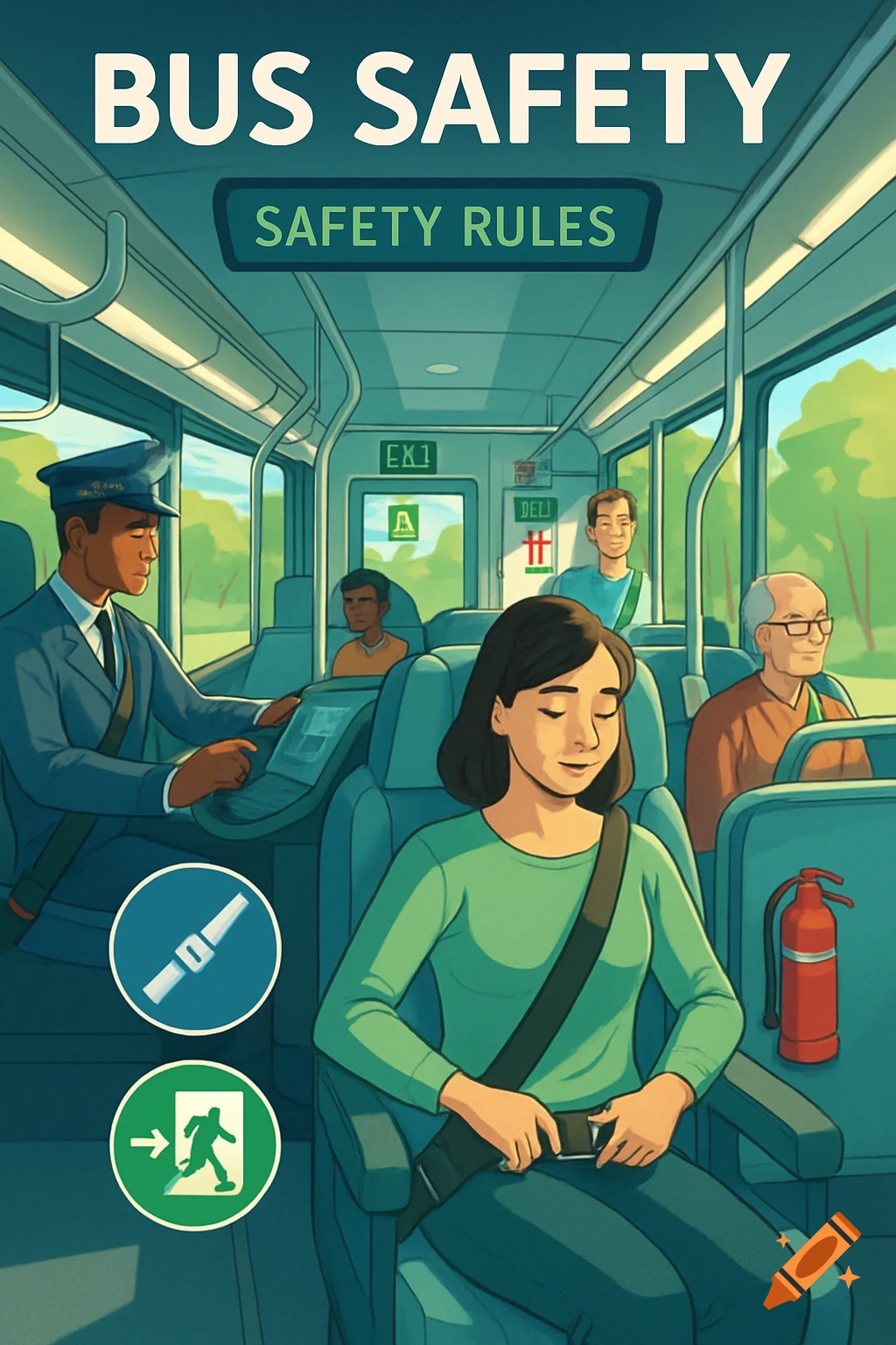 An illustrative image titled 'BUS SAFETY' and 'SAFETY RULES' depicting the interior of a bus with a driver and passengers. A woman in the foreground buckles her seatbelt.