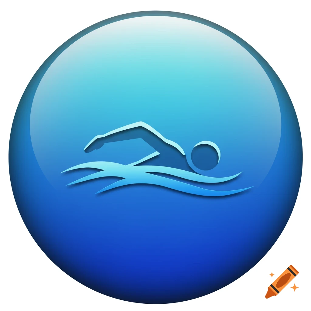 A glossy blue round icon with a light blue silhouette of a swimmer doing a freestyle stroke in water.