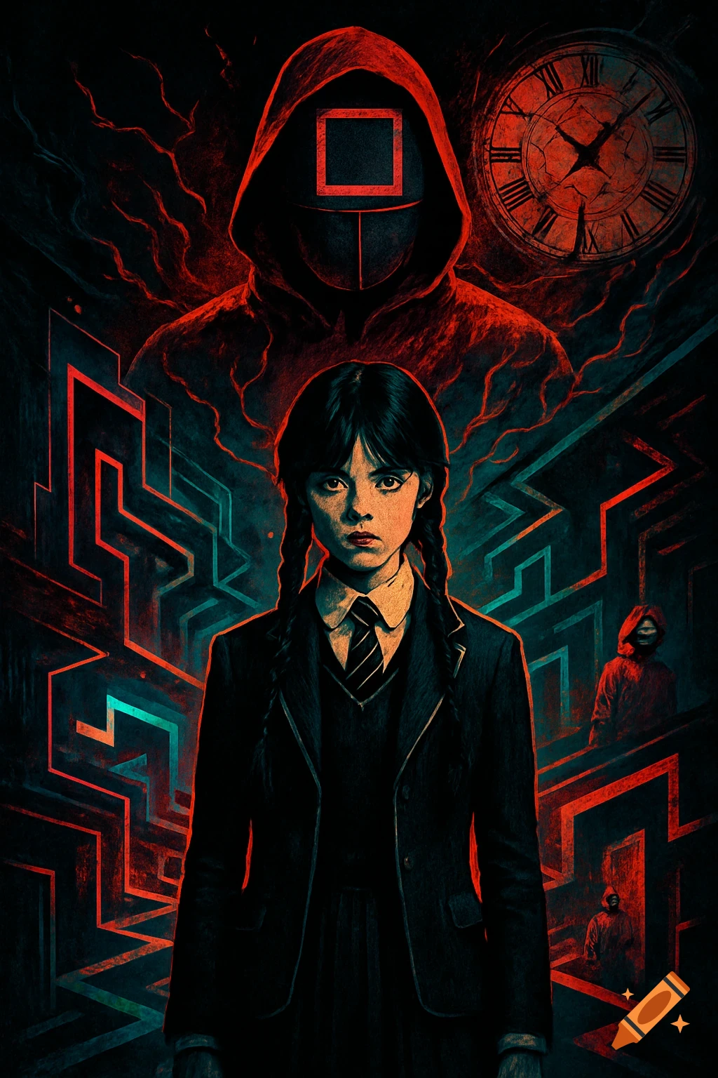 Wednesday Addams stands against a dark, stylized background featuring a Squid Game guard, a cracked clock, and glowing geometric patterns.