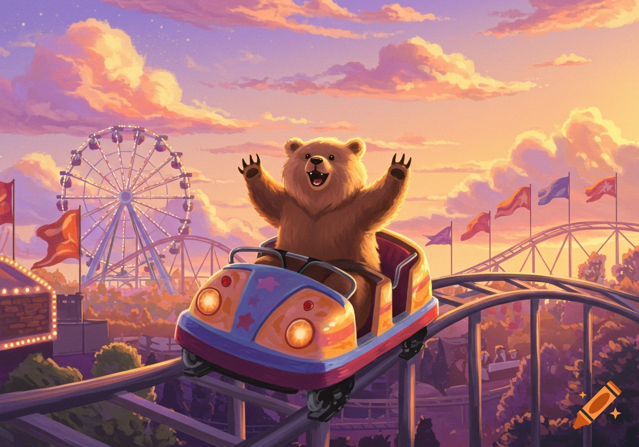 A happy cartoon bear rides a bumper car on a roller coaster track at a vibrant sunset amusement park with a Ferris wheel.