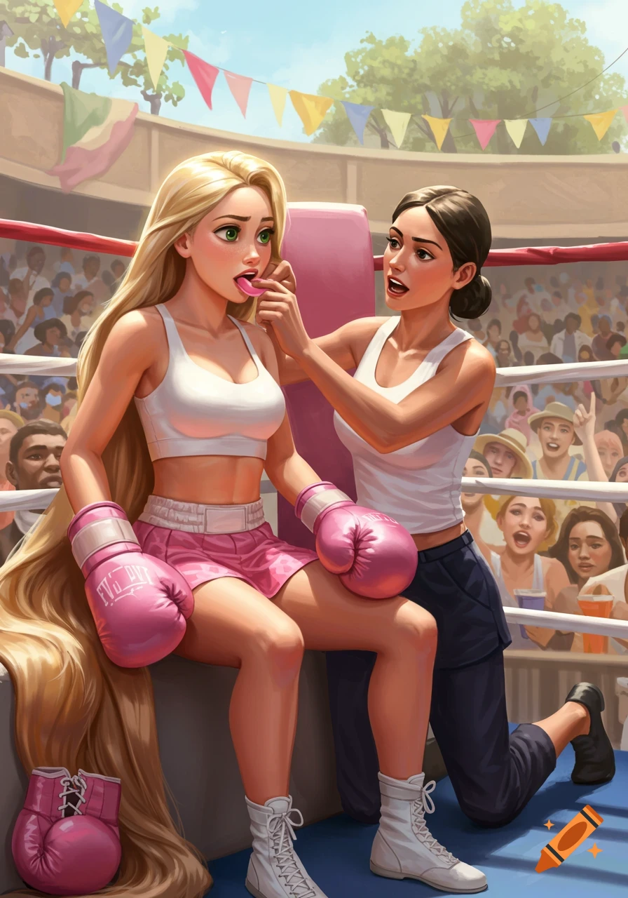 An illustration of a blonde female boxer, identified as Rapunzel, wearing pink gloves and a white sports bra, sitting in a boxing ring corner as her coach puts a pink mouthguard into her mouth. A crowd watches in an outdoor arena.