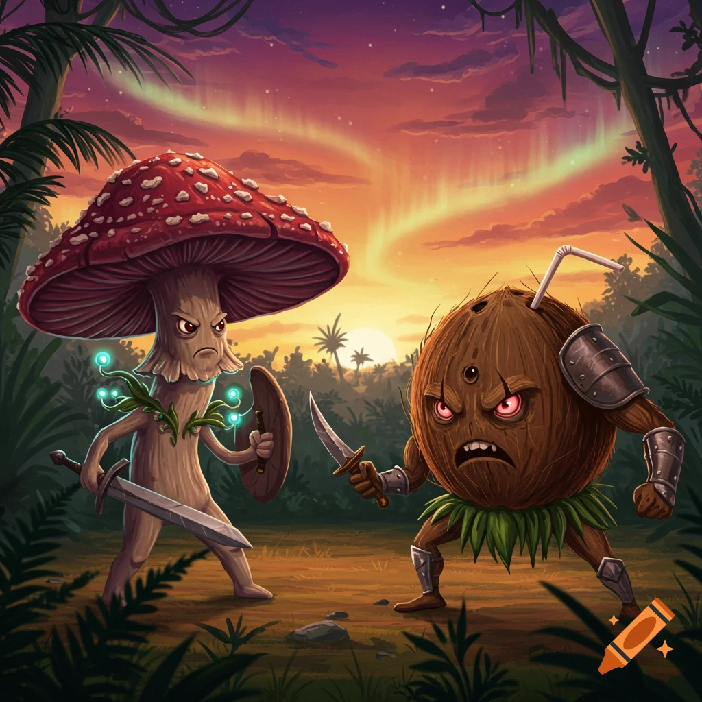 A mushroom warrior with a sword and shield battles an armored coconut warrior with a knife in a vibrant jungle at sunset with an aurora.
