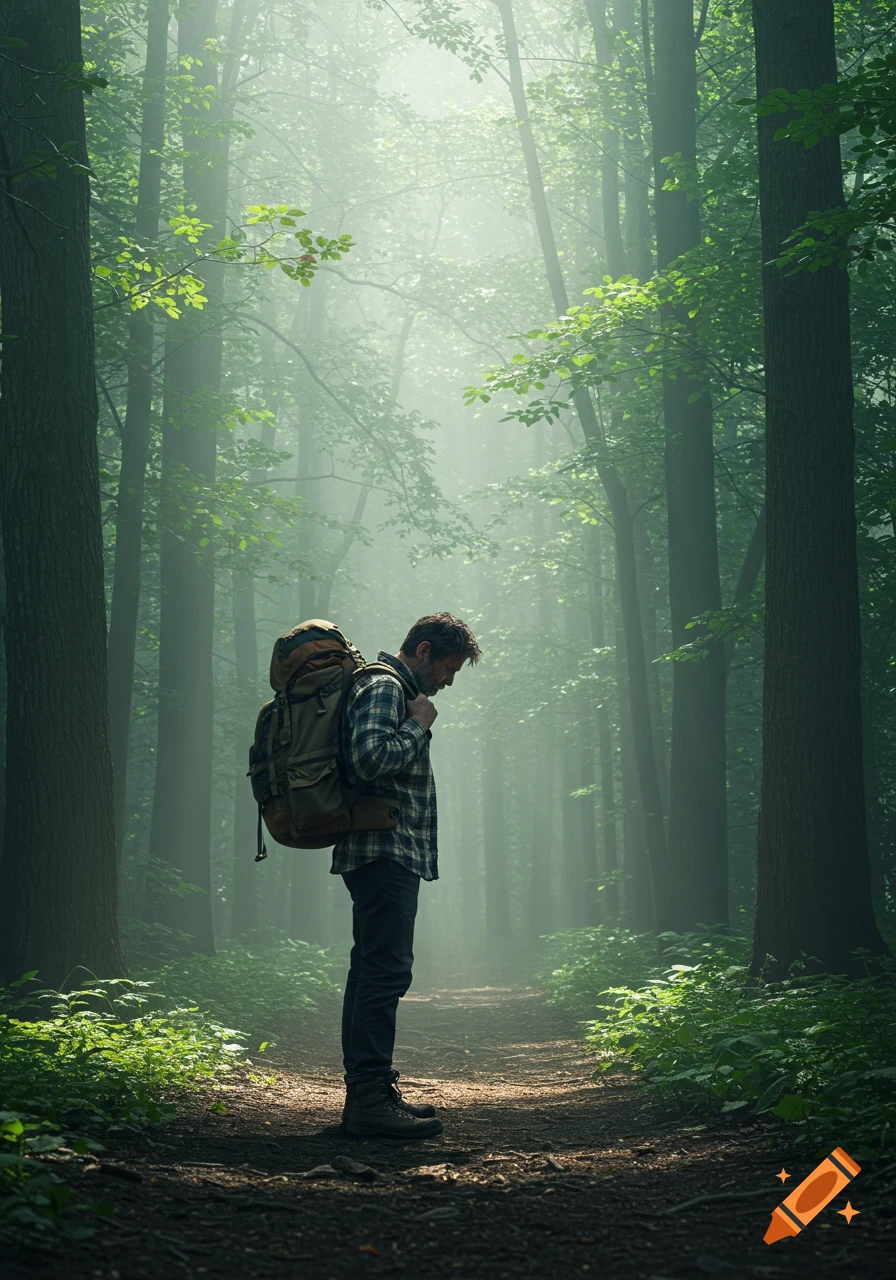 A man wearing a plaid shirt and backpack stands on a sunlit dirt path in a misty, dense forest with tall trees.