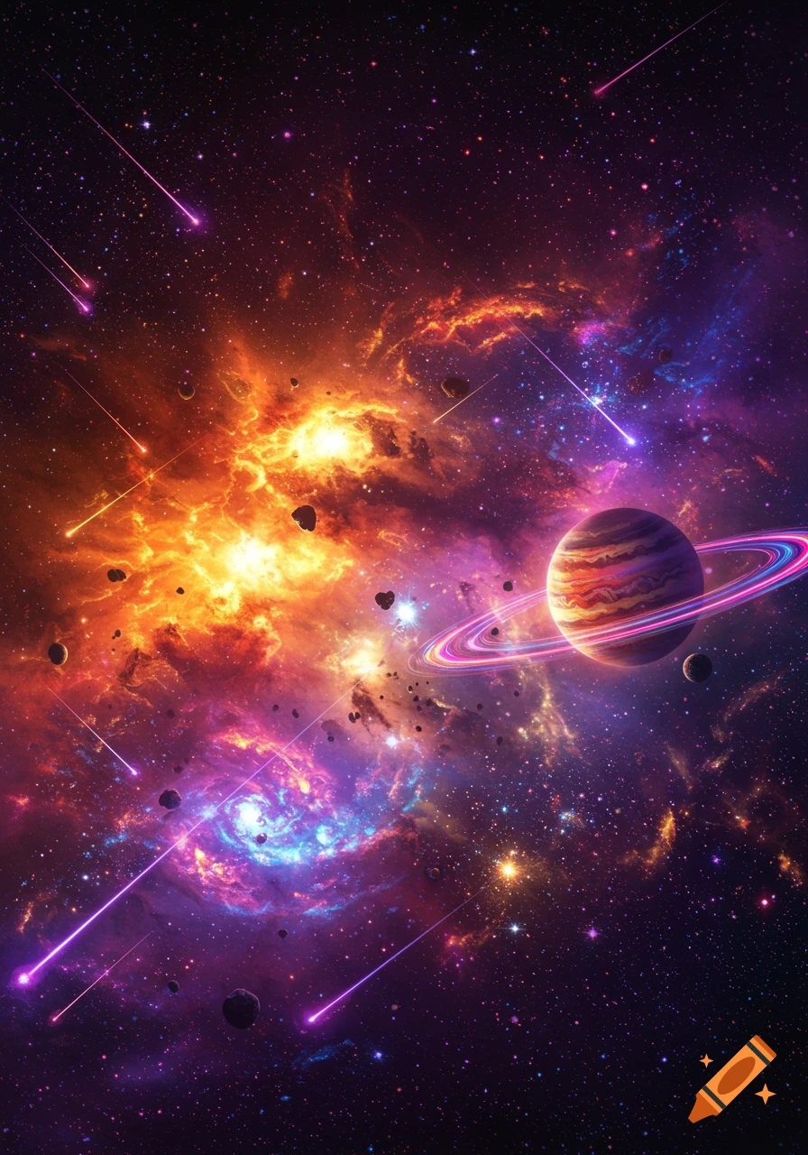 A vibrant cosmic scene with a ringed planet, colorful nebulae, asteroids, and bright shooting stars in deep space.